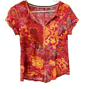 Anthropologie Vibrant Red and Orange Floral Blouse